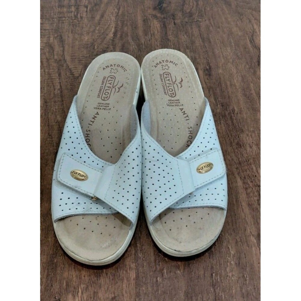 Fly Flot Leather Sandal Slides Womens 39EU  White Comfort Shoe Anatomic